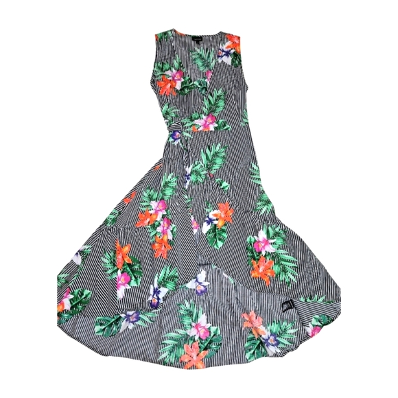 Wrap Dress Size S Vibrant Tropical Stripe  Sleeveless Black Pink Green - Picture 1 of 6